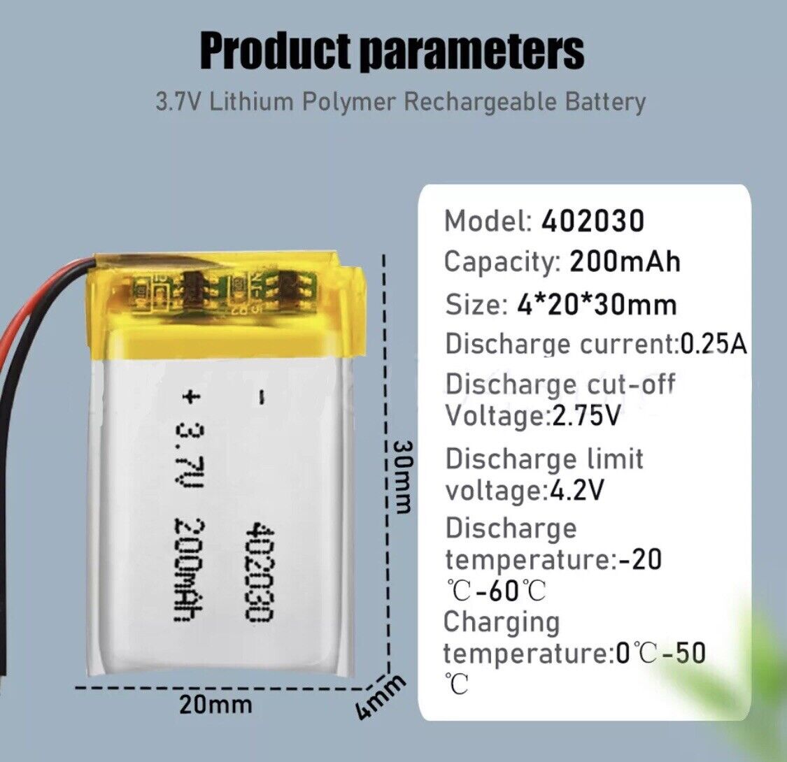 1 X Liter Energy Polymer Lithium Ion Battery LiPo 200mA 3.7V 402030 4x20x30