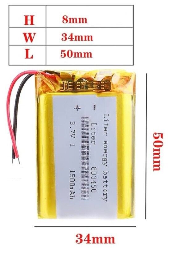 1 X Lithium Polymer Battery Ion LiPo Liter Energy 1500mAh 3.7V 803450 8X34X50mm