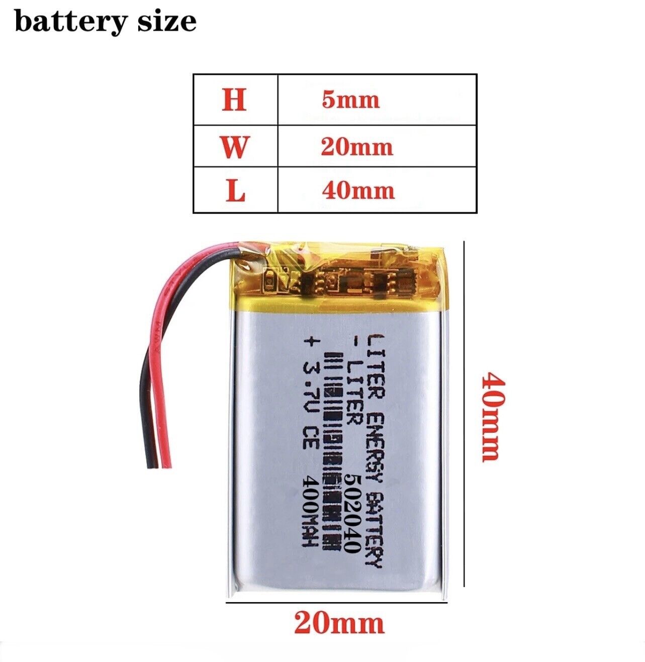 1 X Lithium Polymer Battery LiPo Liter Energy 400mA 3.7V 502040 5X20X40mm DIY