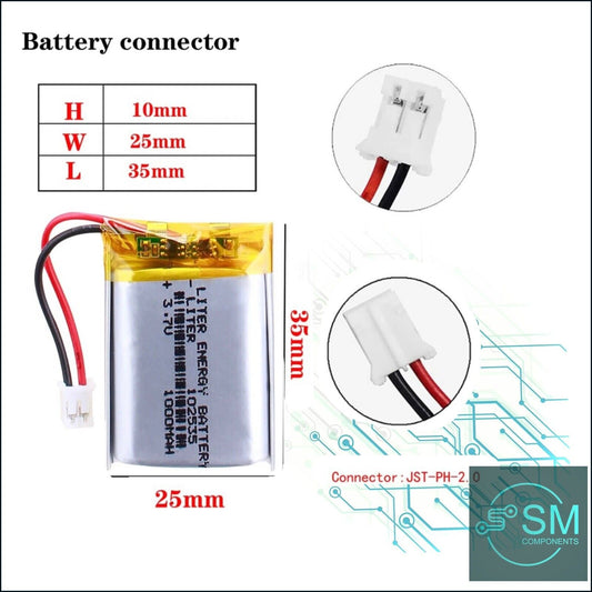 1 X Polymer Lithium Ion Battery LiPo 1000mAh 3.7V 102535 10x25x35 Inc PH2.0 Plug