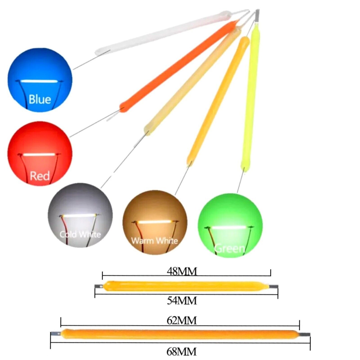5PCS DC-3V LED Silicone Filaments Light Emitting Diodes Blue Green Red 54 & 68mm