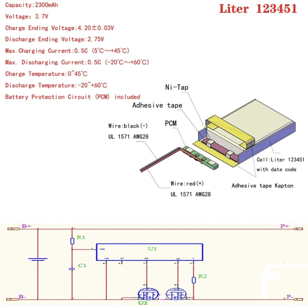 1 X Lithium Polymer Ion Battery LiPo 2300mAh 3.7V 123450 34x50x12 PH-2.0 Plug