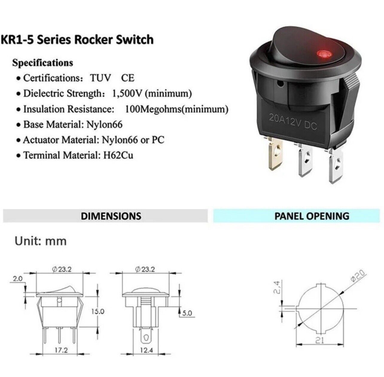 8PCS KCD1-101-5 On-Off SPST Green Red Yellow Blue LED Rocker Switch 12V 20A DIY