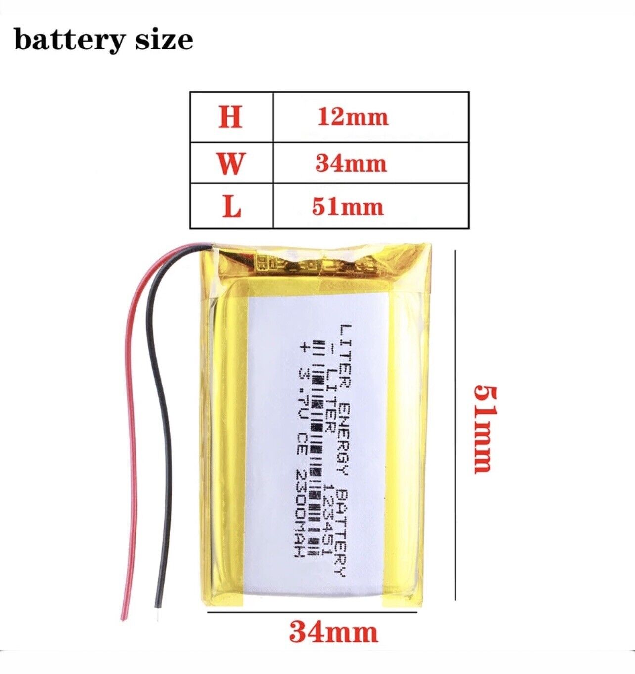 1 X Lithium Polymer Ion Battery LiPo 2300mAh 3.7V 123450 34x50x12 PH-2.0 Plug