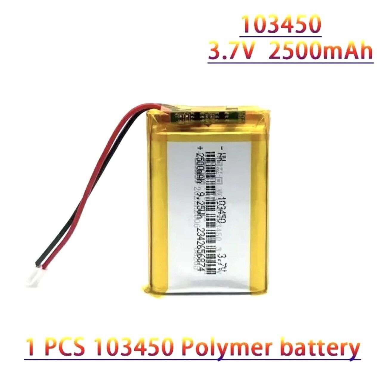 1 X Lithium Polymer Ion Battery LiPo 2500mAh 3.7V 103450 34x50x10 PH-2.0 Plug