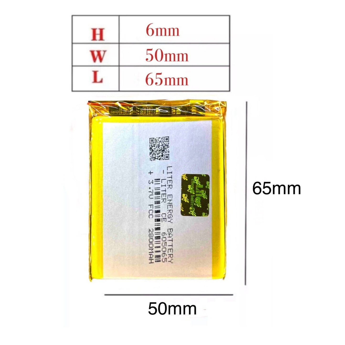 1 X Lithium Polymer Battery Ion LiPo Liter Energy 2800mAh 3.7V 605065 6x50x65mm