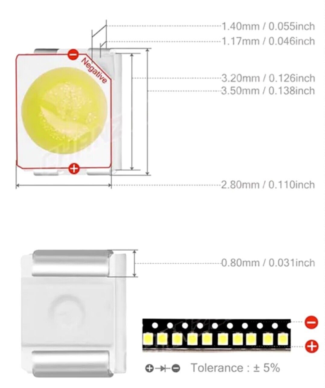 100pcs 3528 (1210) PLCC2 SMD/SMT Leds ALL COLOURS Light Emitting Diodes