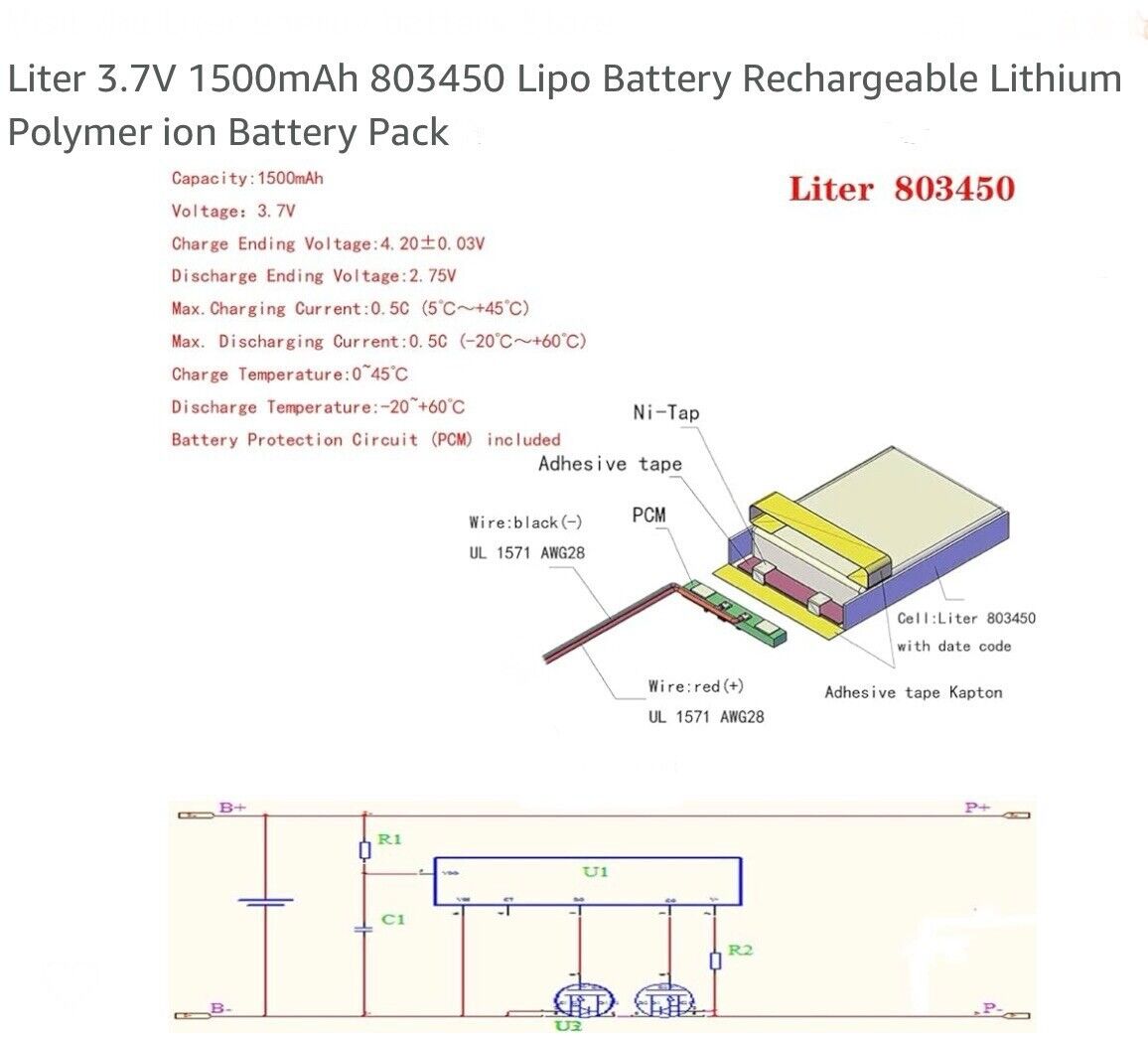 1 X Lithium Polymer Battery Ion LiPo Liter Energy 1500mAh 3.7V 803450 8X34X50mm