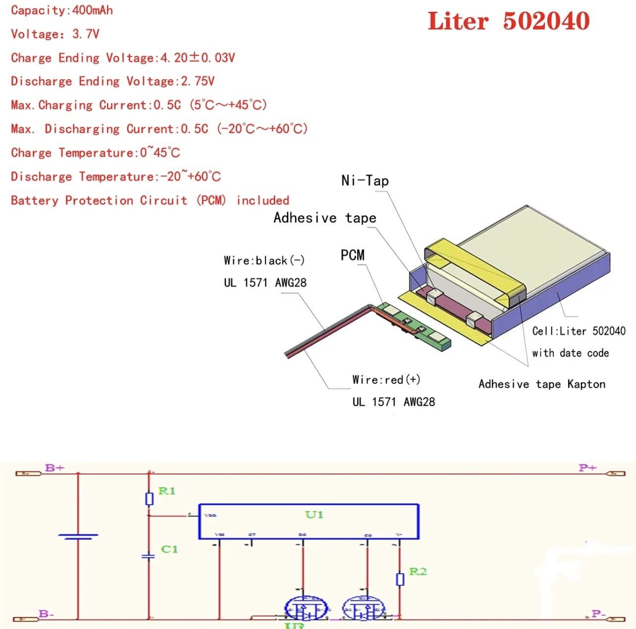 1 X Lithium Polymer Battery LiPo Liter Energy 400mA 3.7V 502040 5X20X40mm DIY