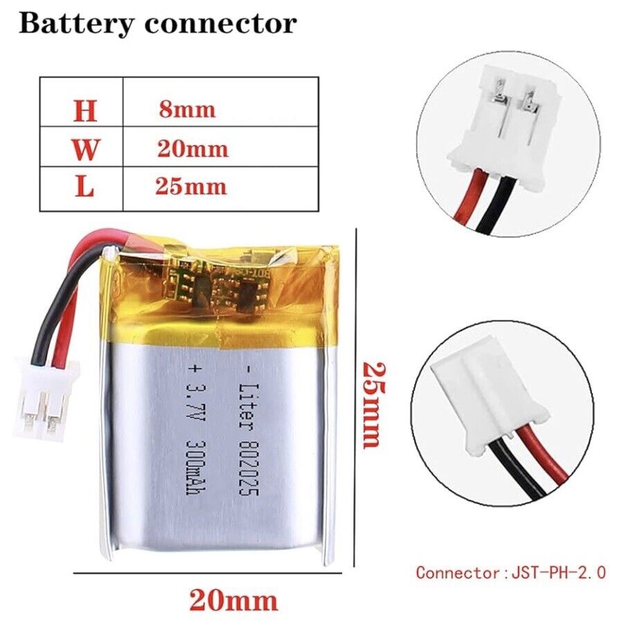 1 X Polymer Lithium Ion Battery LiPo 300mA 3.7V 802025 8X20X25 PH-2.0 Connector