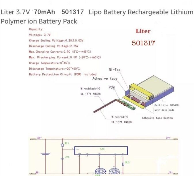 1 X Lithium Polymer Battery Ion LiPo Liter Energy 70mAh 3.7V 501317 5X13X17mm