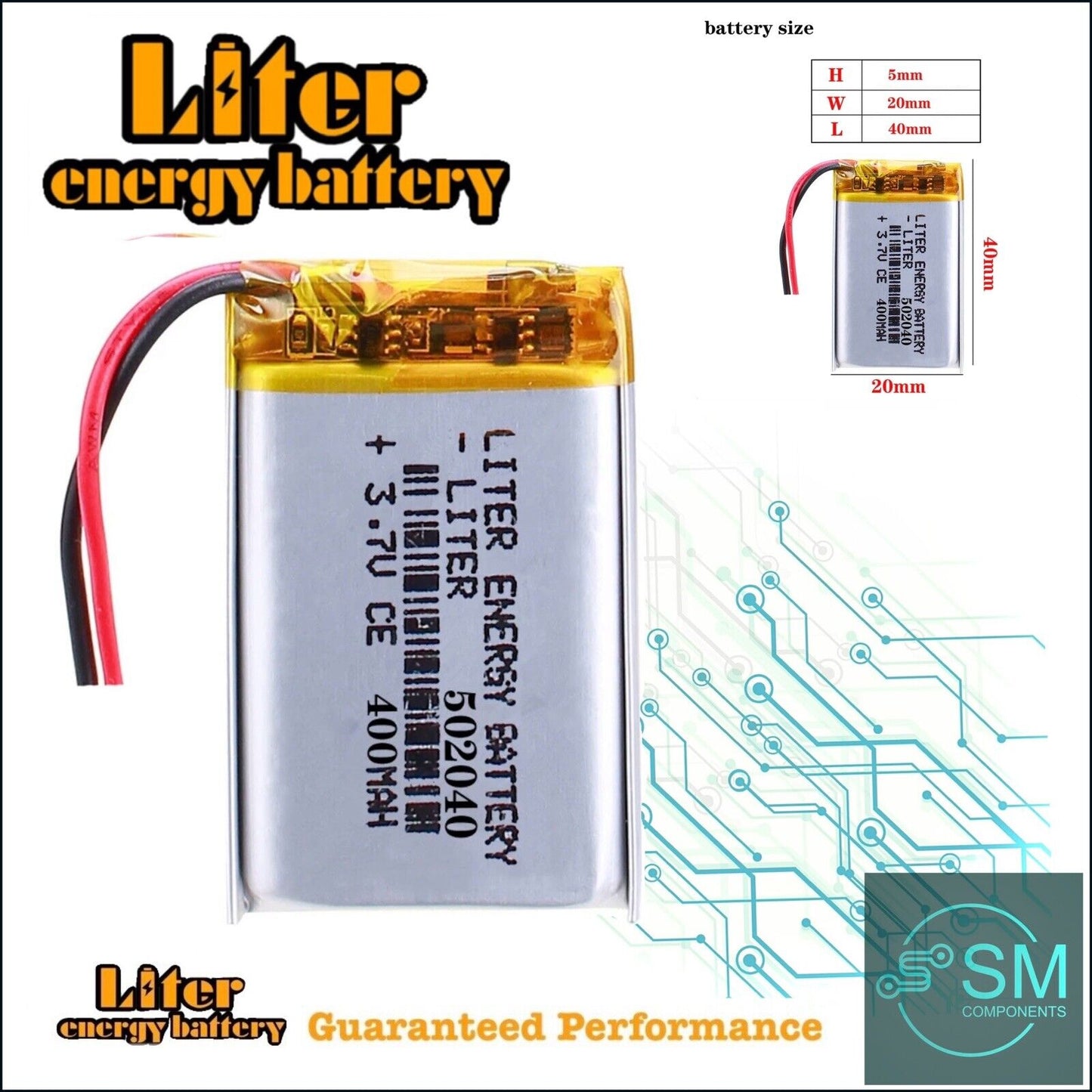 1 X Lithium Polymer Battery LiPo Liter Energy 400mA 3.7V 502040 5X20X40mm DIY