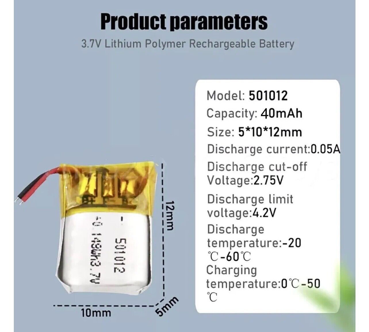 2 X 3.7V 40mAh MINI LiPo Rechargeable Battery Mp3 GPS Headphone Headset 501012