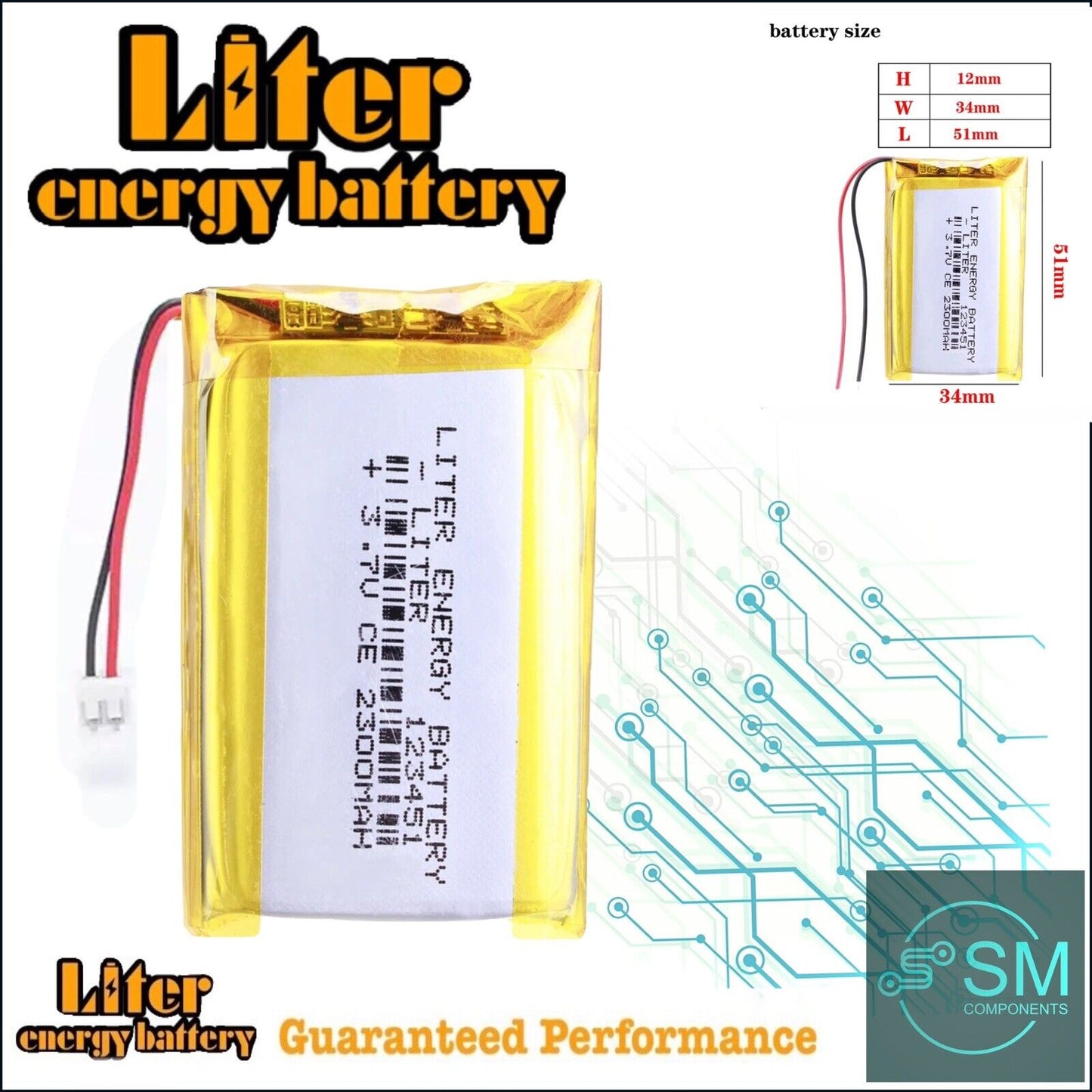 1 X Lithium Polymer Ion Battery LiPo 2300mAh 3.7V 123450 34x50x12 PH-2.0 Plug