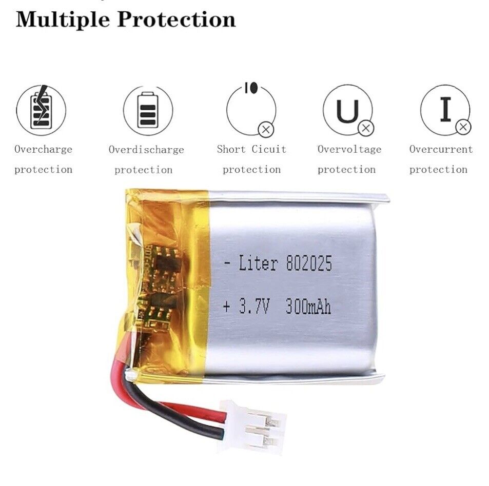 1 X Polymer Lithium Ion Battery LiPo 300mA 3.7V 802025 8X20X25 PH-2.0 Connector