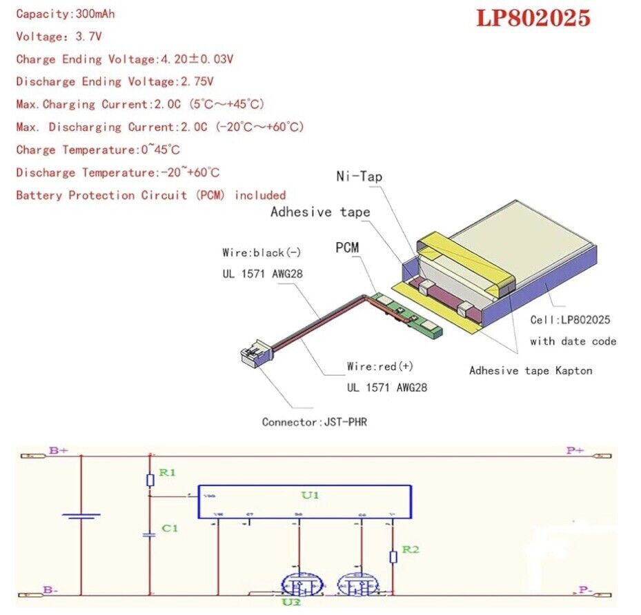 1 X Polymer Lithium Ion Battery LiPo 300mA 3.7V 802025 8X20X25 PH-2.0 Connector