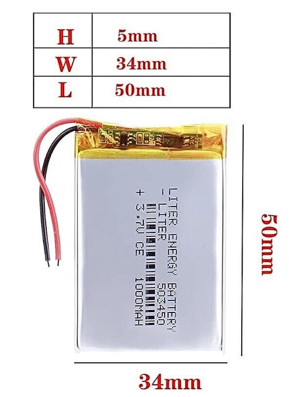 1 X Lithium Polymer Battery Ion LiPo Liter Energy 1000mAh 3.7V 503450 50x34x50mm