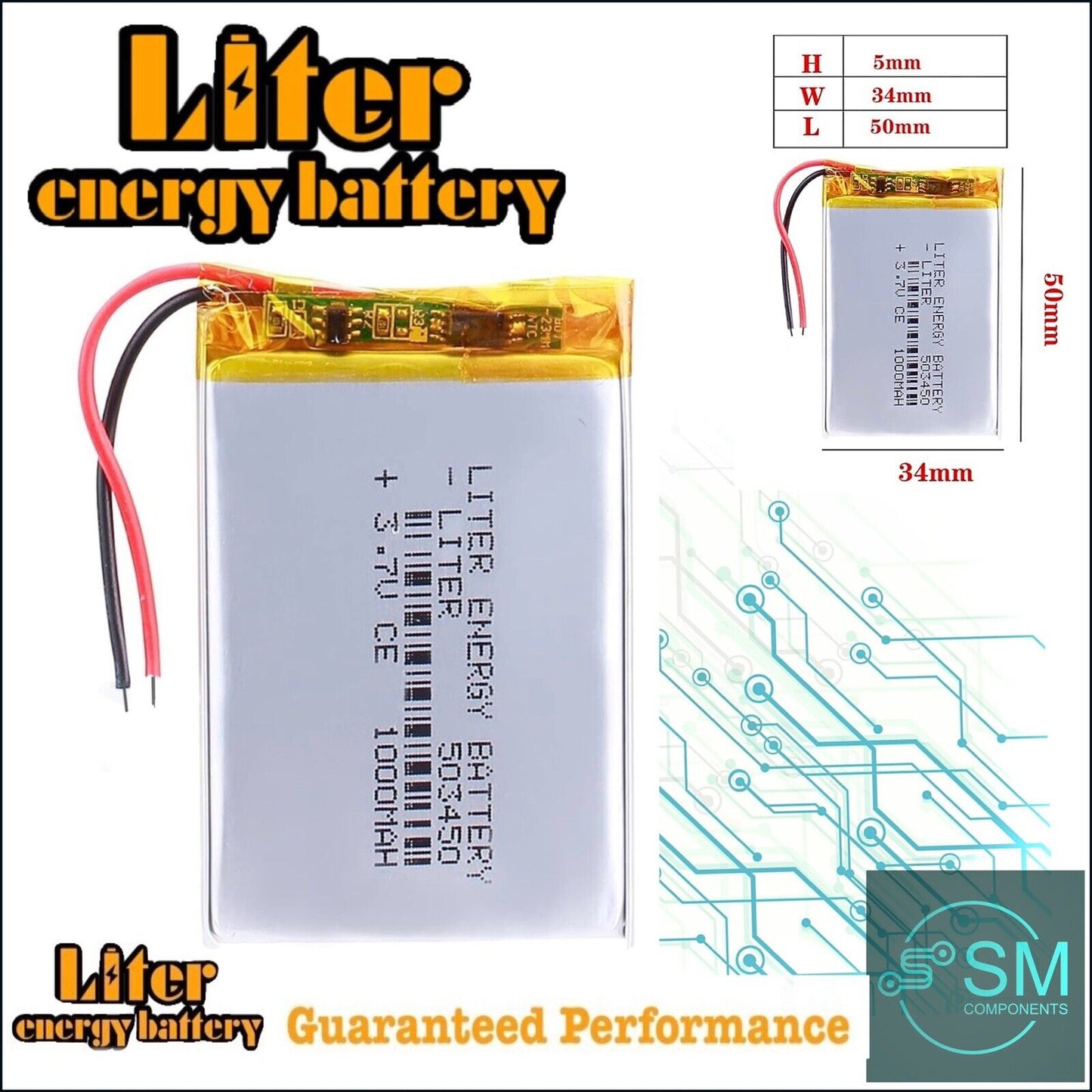 1 X Lithium Polymer Battery Ion LiPo Liter Energy 1000mAh 3.7V 503450 50x34x50mm