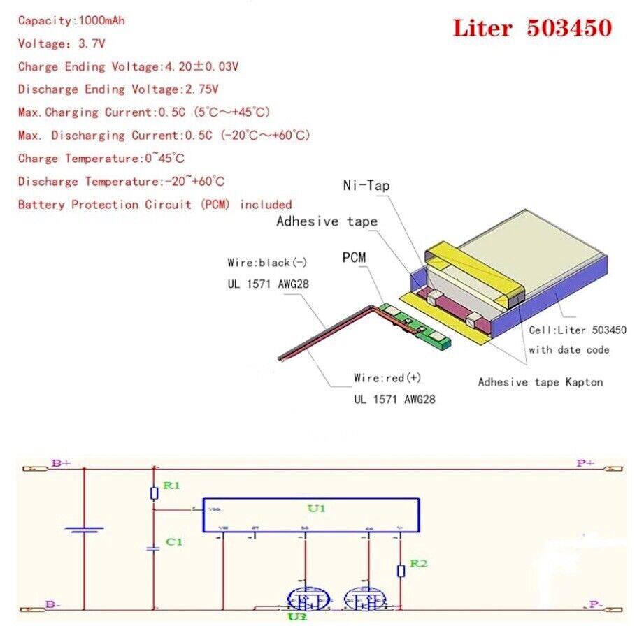 1 X Lithium Polymer Battery Ion LiPo Liter Energy 1000mAh 3.7V 503450 50x34x50mm