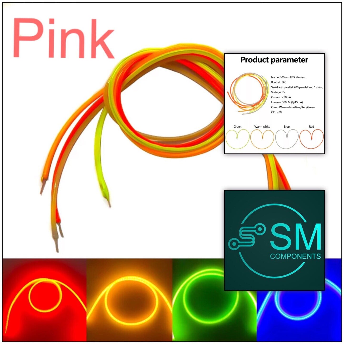 4PCS DC3V 300mm PINK Light Emitting Diode Super Flexible Silicone Filament LED