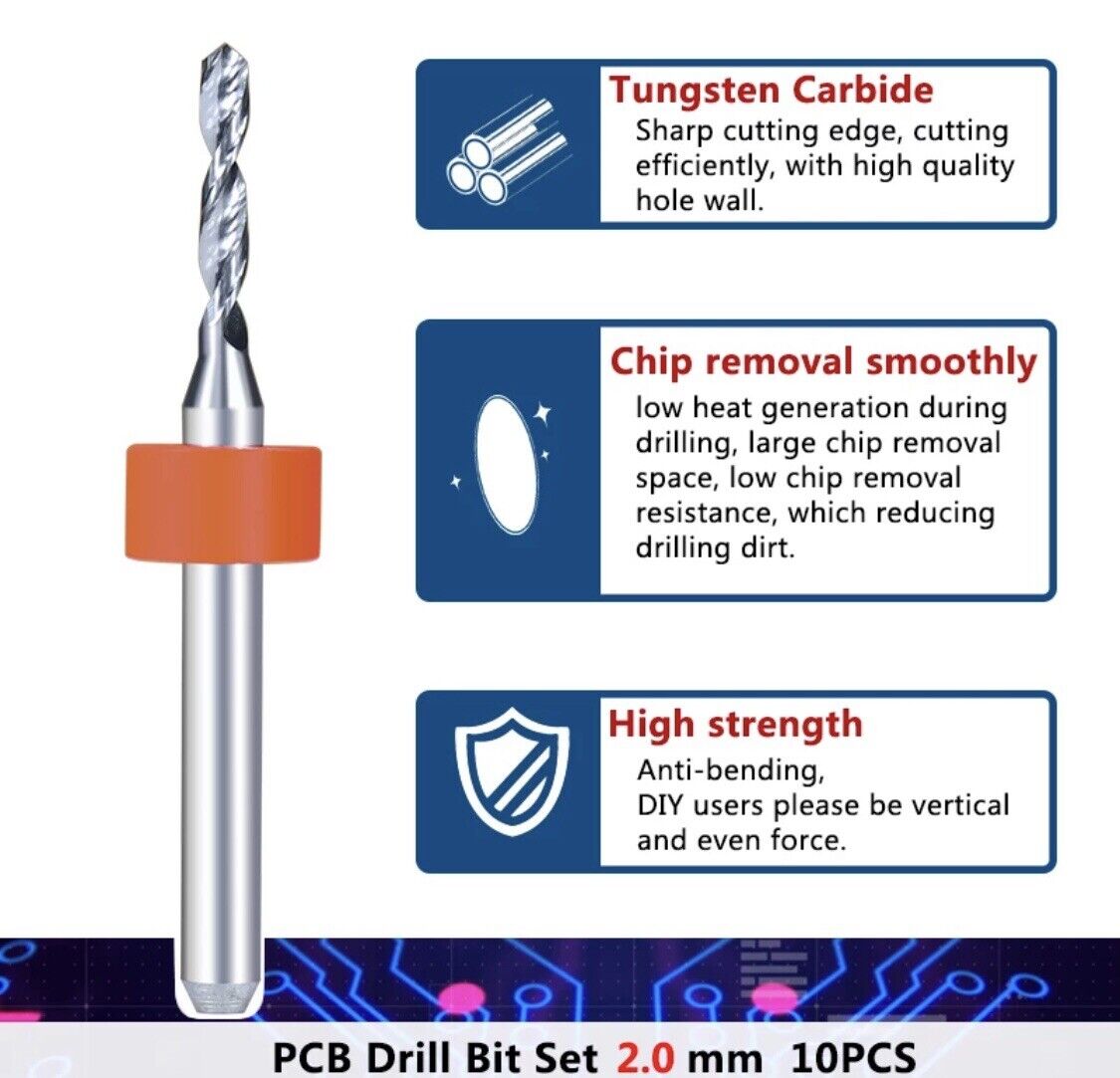 10Pcs 2.0mm PCB Print Circuit Board Tungsten Carbide Mini Micro Drill Bit Set