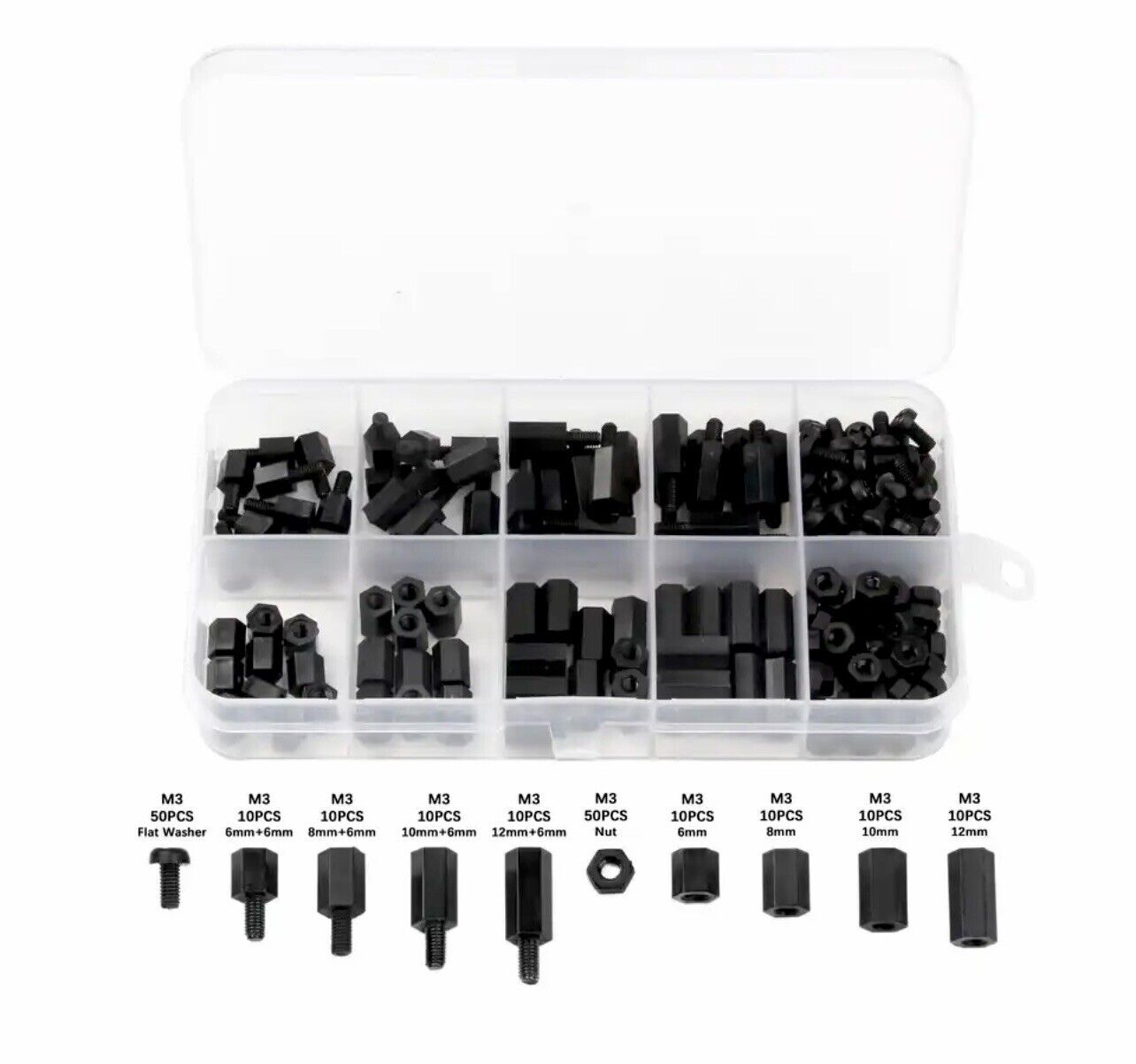 200pcs Black M3 Male Female Spacer Nylon Hex Screw Standoffs Nut Kit Inc Case