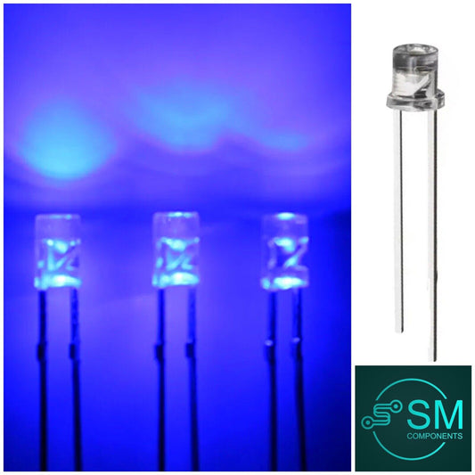 3mm Blue LED Light Emitting Led Diode Clear Flat Head LED, No Skirt, 465nm