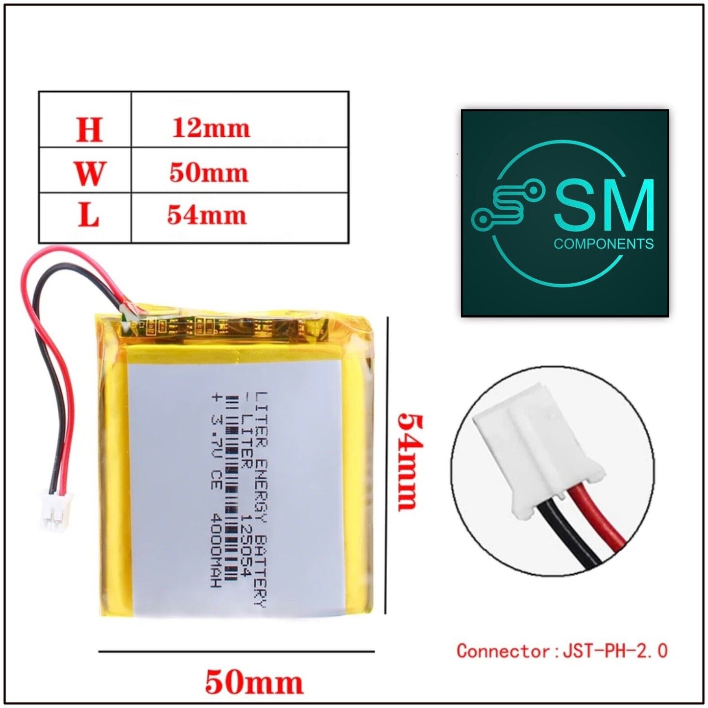 1 X Polymer Lithium Ion Battery LiPo 4000mAh 3.7V 125054 12x50x54 Inc Protection