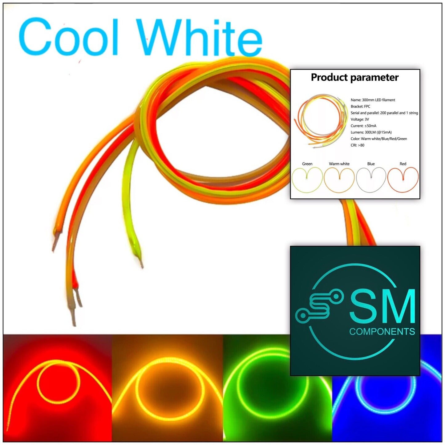 2PCS DC3V 300mm 5500-6000K COOL WHITE Super Flexible Silicone Filament Lamp LED