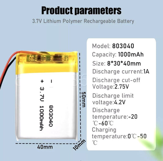 1 X Polymer Lithium Ion Battery LiPo 1000mAh 3.7V 803040 30x40x8 Inc Protection