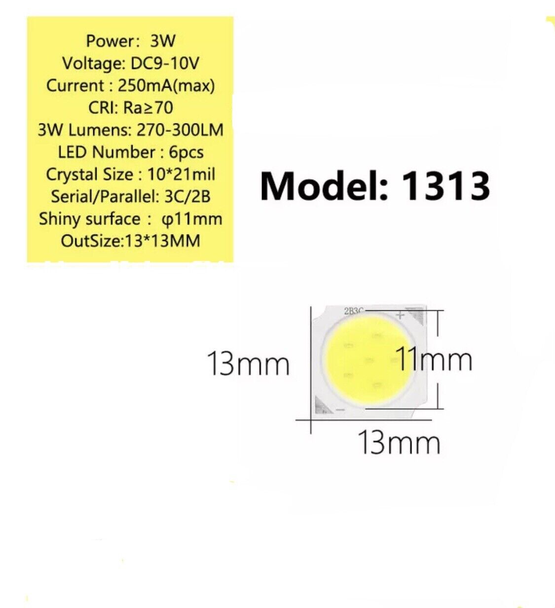 10PCS DC 9-10V 3W 13x13mm Square COB LED High Power Light, Cool White 6000K