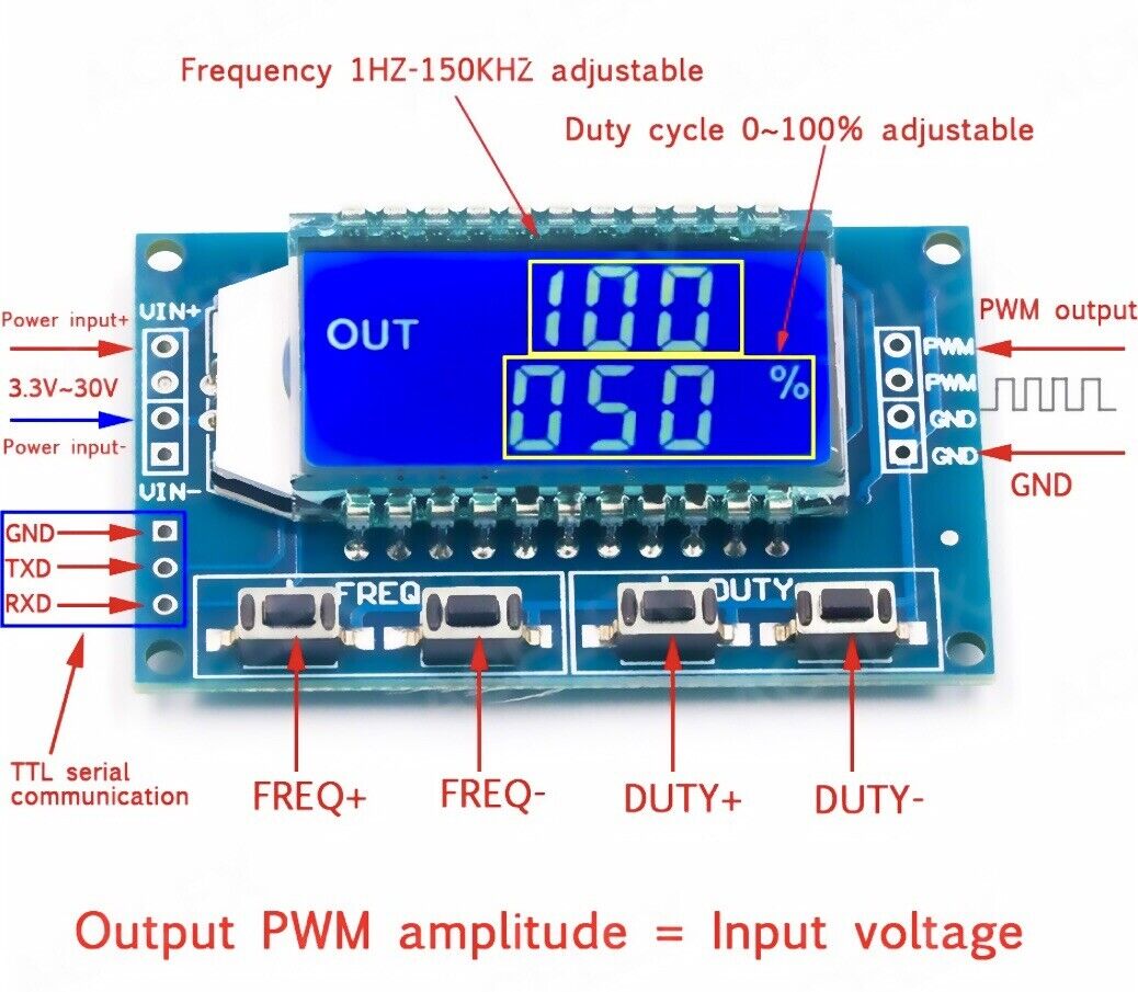 Signal Generator 1Hz-150Khz PWM Pulse Frequency Duty Cycle 3.3-30VDC Module LCD