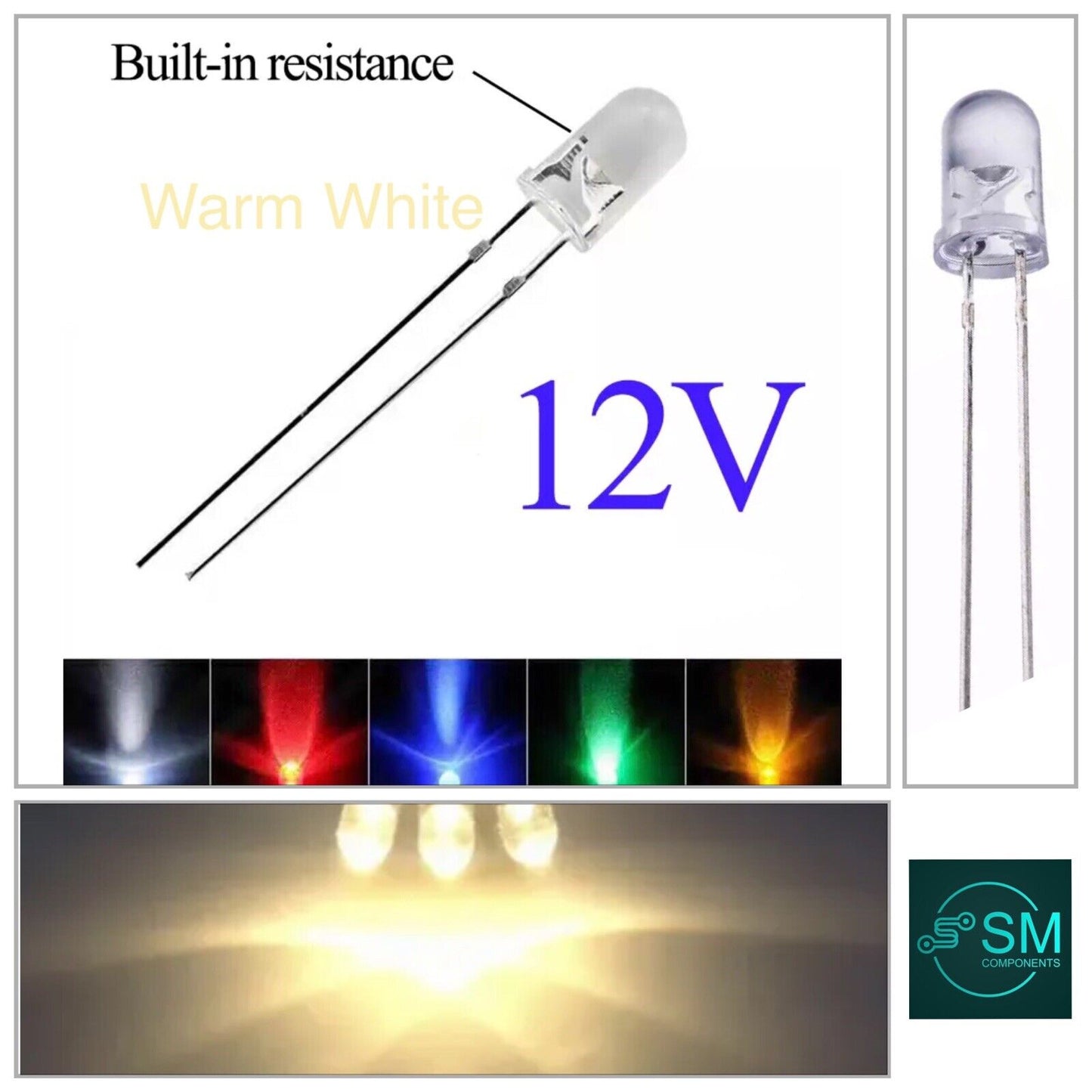 100PCS 5mm WARM WHITE LEDS 4-12 VDC Light Emitting Diode Round Clear NO RESISTOR