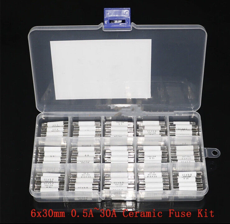 75PCS Fuse Kit 6x30mm 250V Ceramic Fuse Electrical Fast Blow 0.5~30A 15 Values