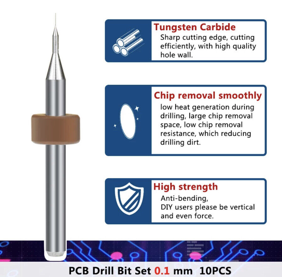 10Pcs 0.1mm PCB Print Circuit Board Tungsten Carbide Mini Micro Drill Bit Set