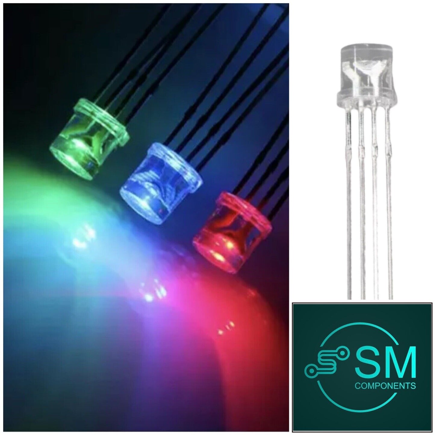 100pc 5mm LED 4pin RGB Red Green Blue Clear Flat Top Tricolour Common Cathode