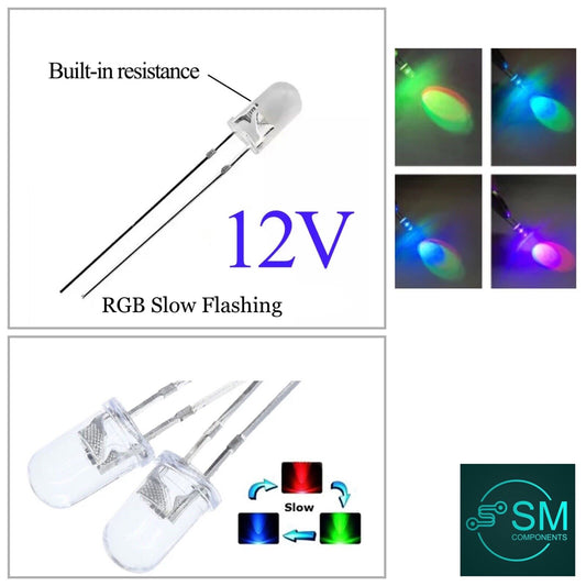 100PCS 5mm RGB SLOW LEDS 4-12 VDC Light Emitting Diode Round Clear NO RESISTOR