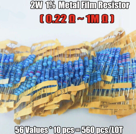 560PCS 2W 2 Watt Metal Film Resistor Axial Leads 0.22 Ω - 1M Ω ±1% Tolerance DIY