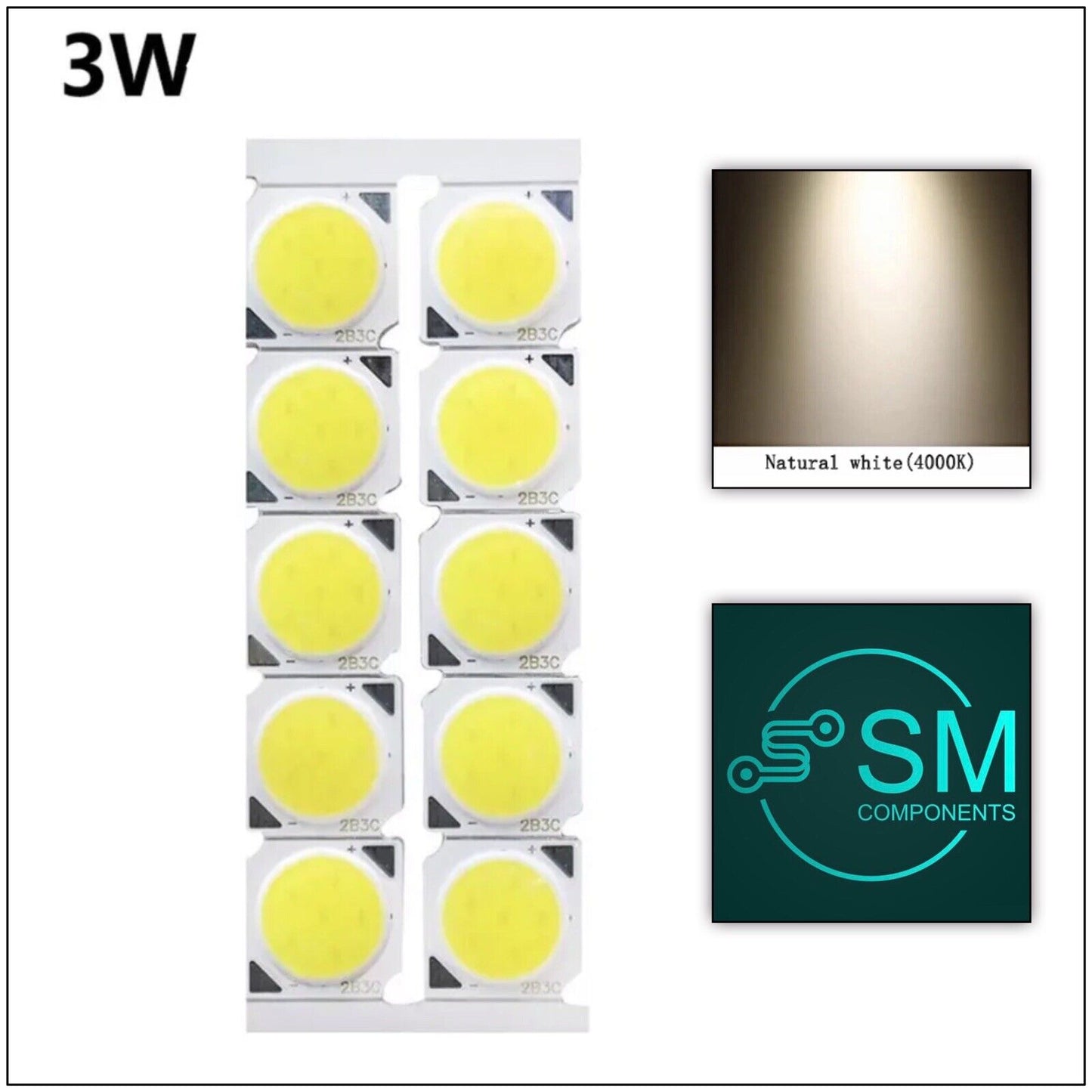 10PCS DC 9-10V 3W 13x13mm Square COB LED High Power Light, Natural White 4000K