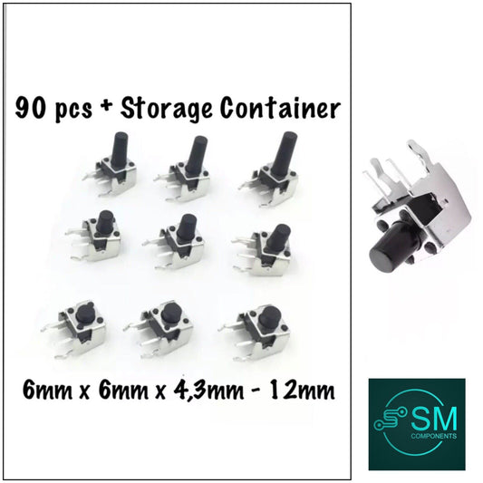 90PC Right Angle Momentary Tactile Non Latch 6X6X 4.3/5/6/7/8/9/10/11/12mm + Box