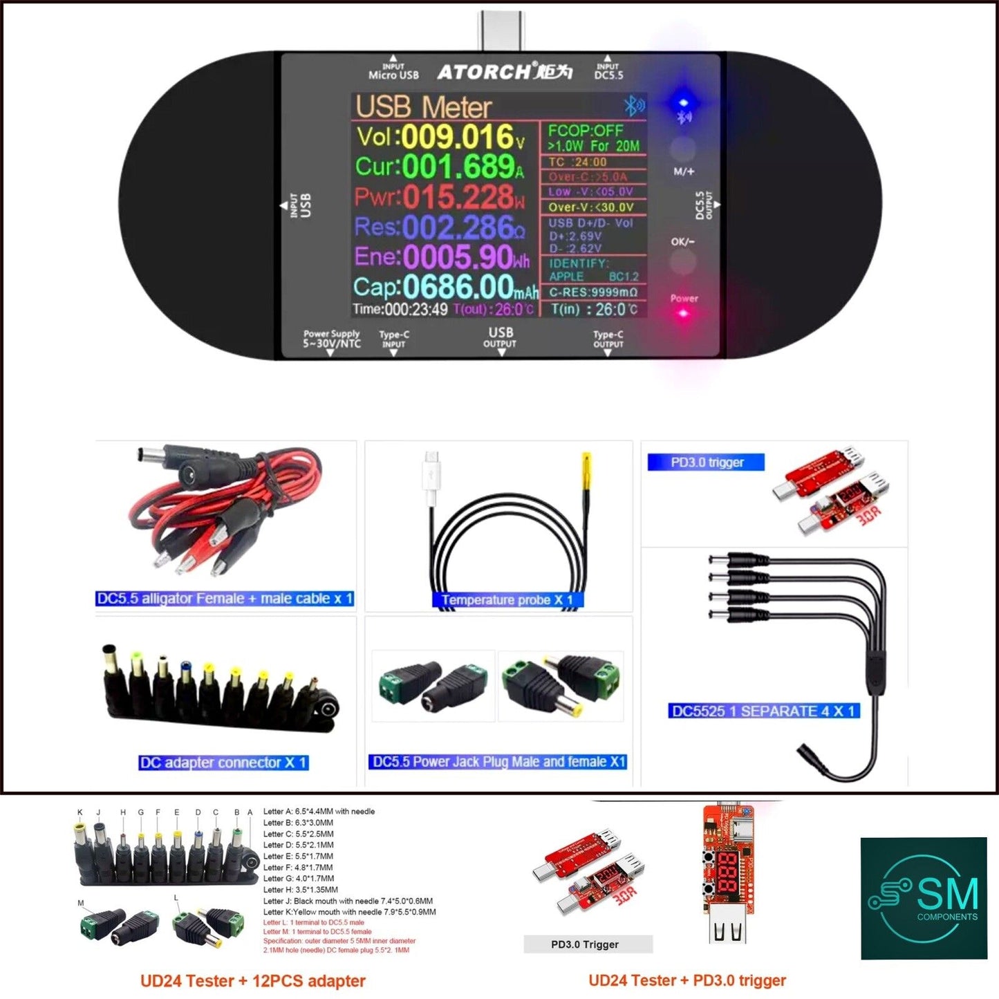 ATORCH UD24 USB Voltmeter Voltage Current Meter DC Digital Tester 2.4" Full Kit