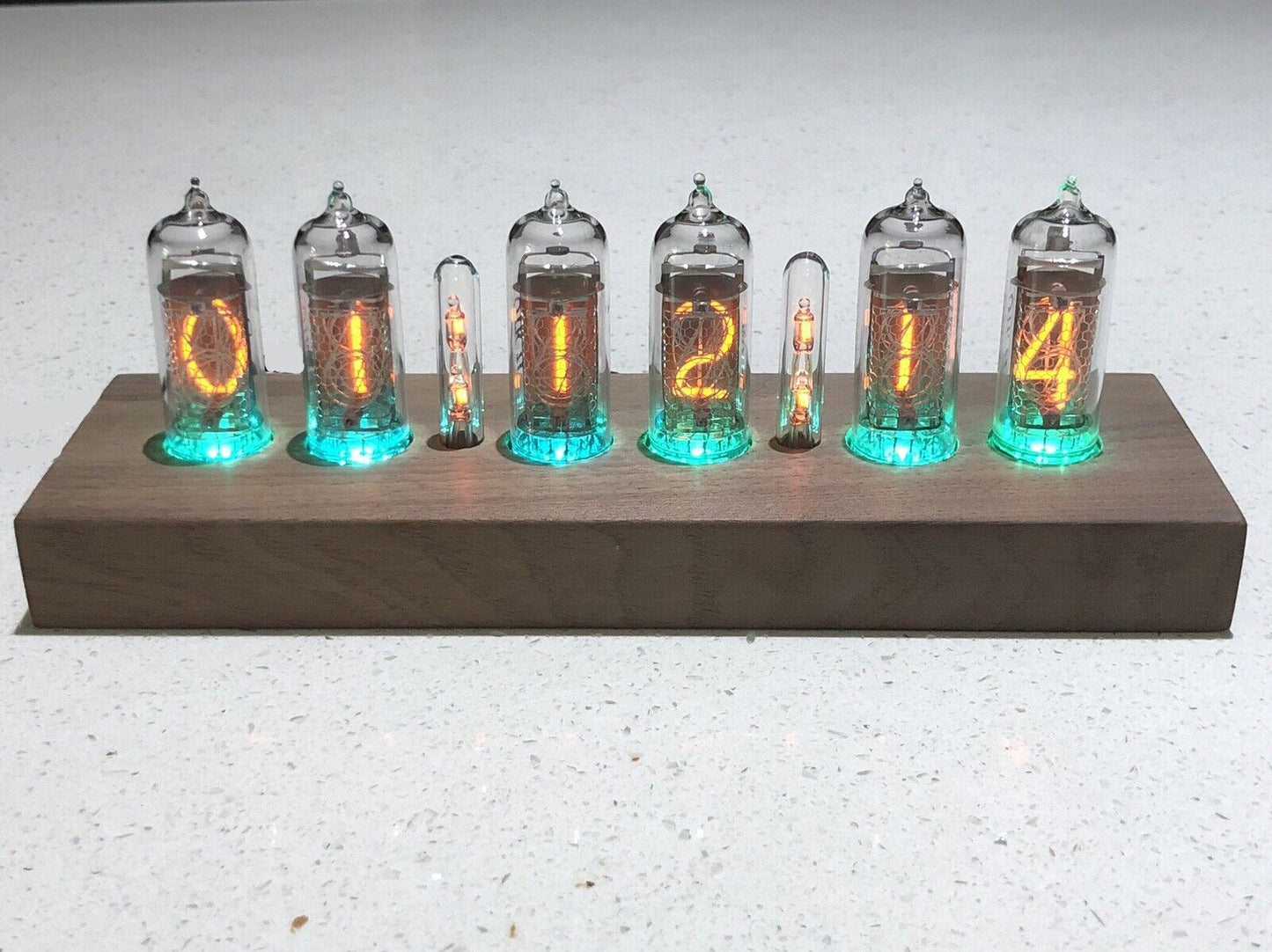 IN-14 Nixie tube Clock and Walnut Base Brass Rings Includes 6 Spare IN-14 Tubes