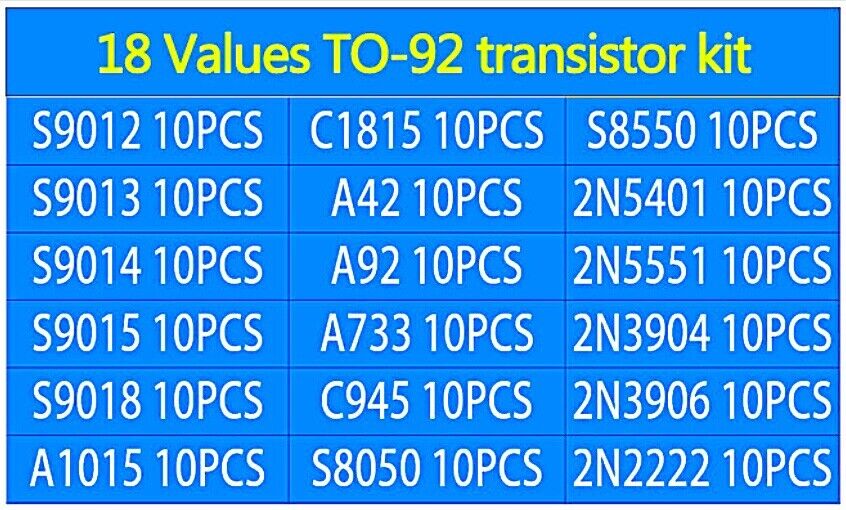 180Pcs Kit 18 Value x 10pcs TO-92 Assortment Bipolar Transistor Arduino DIY