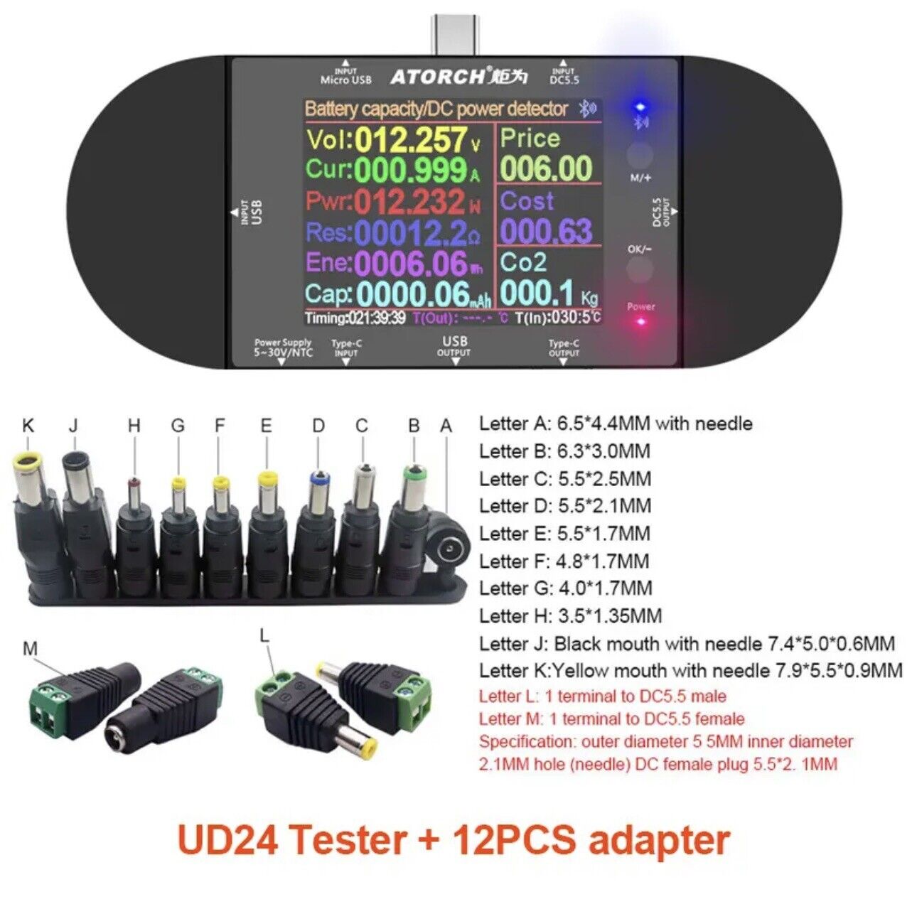 ATORCH UD24 USB Voltmeter Voltage Current Meter DC Digital Tester 2.4" Full Kit