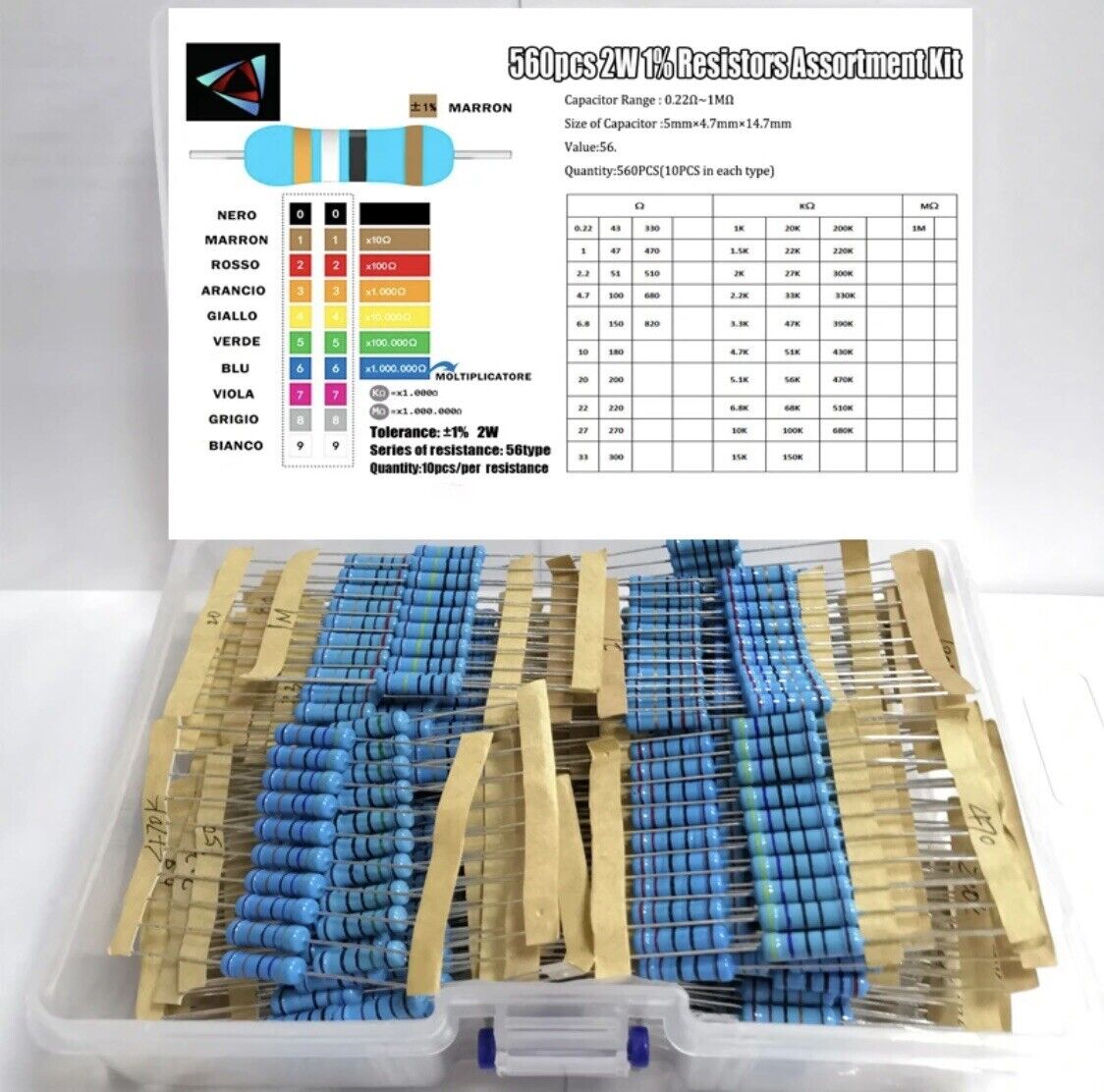 560PCS 2W 2 Watt Metal Film Resistor Axial Leads 0.22 Ω - 1M Ω ±1% Tolerance DIY