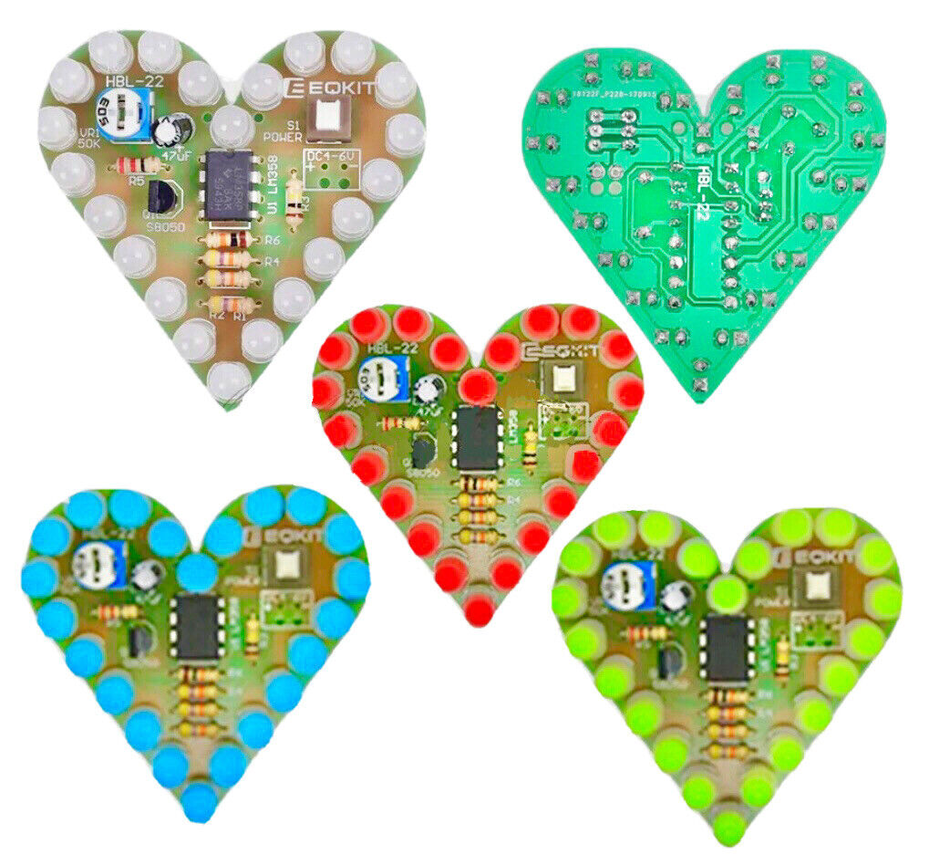 2 X DIY Heart Shape Breathing LED Beginners Kit R,G,B,W DC 4-6VDC Practice LED