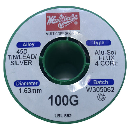 Multicore Aluminium Solder 45D Tin/Lead/Silver 4C Alu-sol Flux 1.63mm Wire 100gm