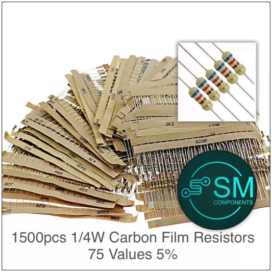 1500PCS 1/4 Watt Resistor 75 Values Carbon Film Assortment 5% Precision 1Ω-10MΩ