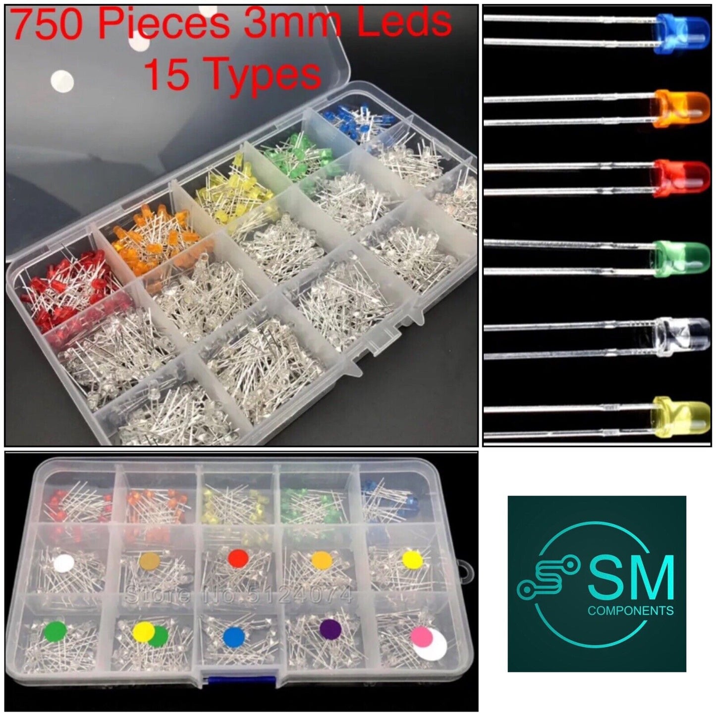 3mm LED 750pcs Light Emitting Diodes 15 Colour Red Green Blue Etc Assortment Kit