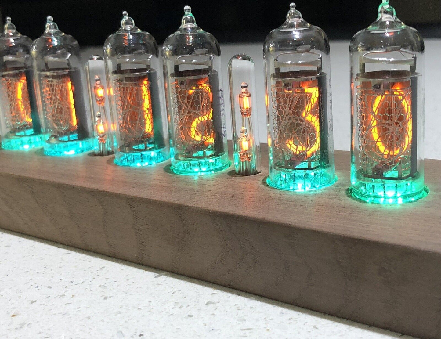 IN-14 Nixie tube Clock and Walnut Base Brass Rings Includes 6 Spare IN-14 Tubes